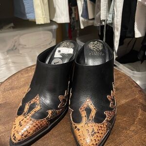 Vince Camuto Black and Tan Embellished Mules